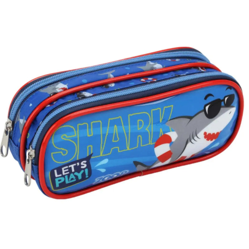 Kit Mochila de Carrinho Tubarão Azul Mala Bolsa Estojo com Dois Compartimentos Masculino Infantil Crianças Seanite Megalomania