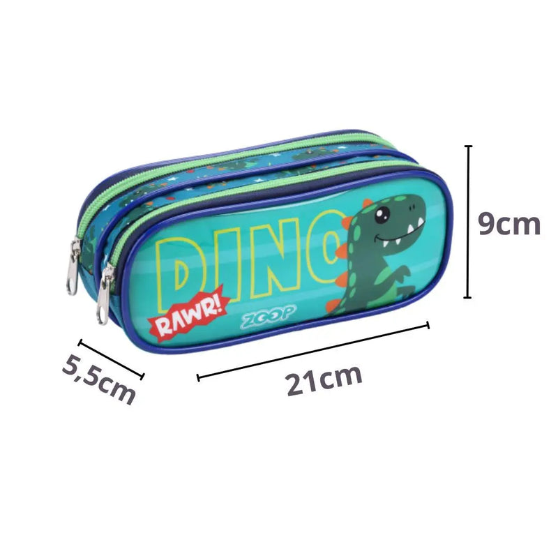 Kit Lancheira Infantil Térmica Dinossauro Verde Estojo com Dois Compartimentos Meninos Masculino Seanite Megalomania