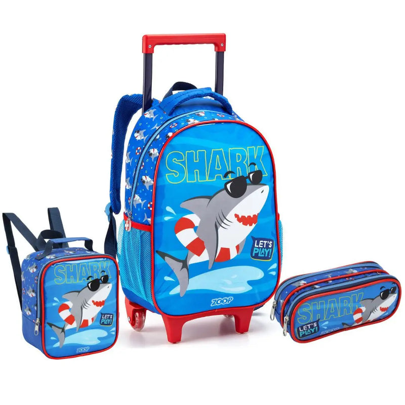 Kit Mochila de Carrinho Mala Bolsa Infantil Lancheira Térmica Lanchinho Estojo Dois Compartimentos Tubarão Azul Seanite Megalomania