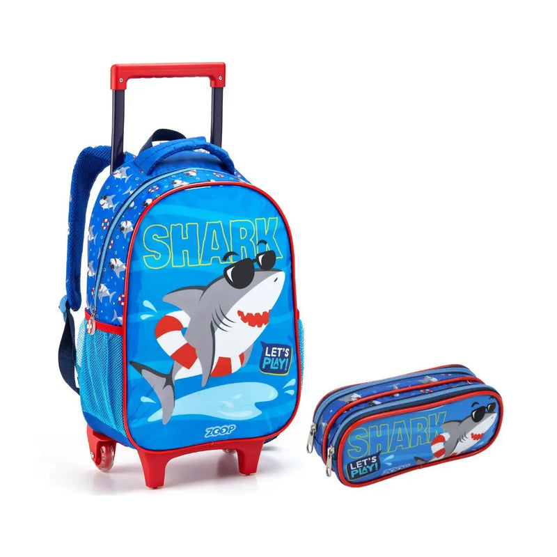 Kit Mochila de Carrinho Tubarão Azul Mala Bolsa Estojo com Dois Compartimentos Masculino Infantil Crianças Seanite Megalomania