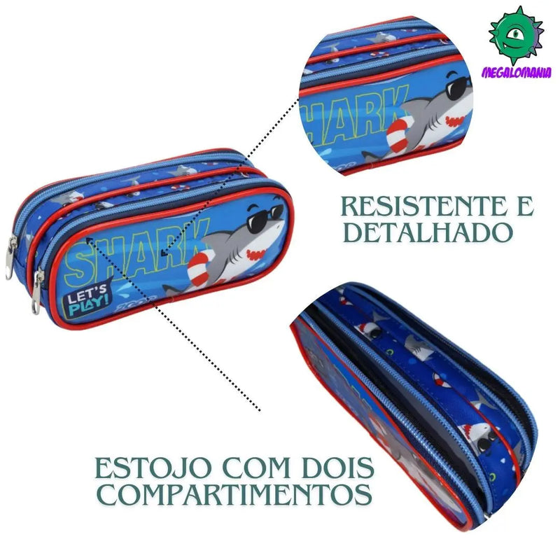 Kit Lancheira Infantil Térmica Tubarão Azul Estojo com Dois Compartimentos Masculino Crianças Seanite Megalomania