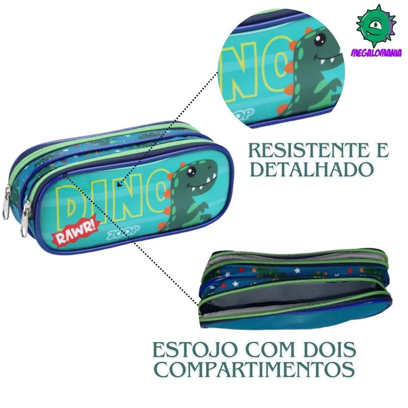 Kit Lancheira Infantil Térmica Dinossauro Verde Estojo com Dois Compartimentos Meninos Masculino Seanite Megalomania