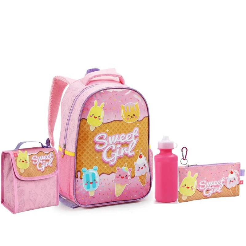Kit Mochila de Costas Infantil Arco Ìris 5 Itens Lancheira Estojo e Mosquetão Feminino Seanite Megalomania
