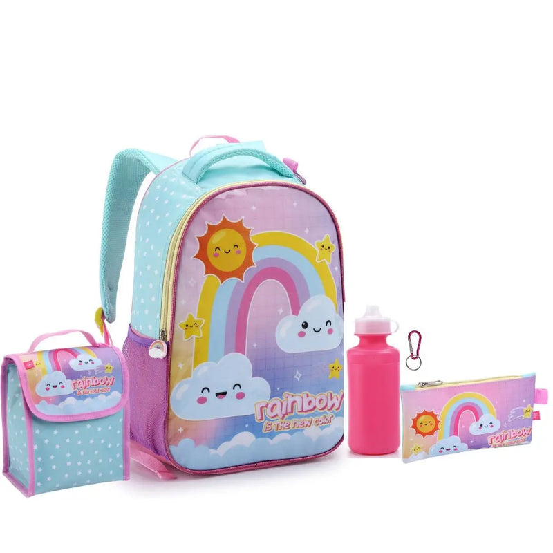 Kit Mochila de Costas Infantil Arco Ìris 5 Itens Lancheira Estojo e Mosquetão Feminino Seanite Megalomania