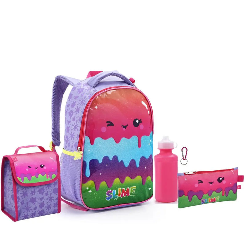 Kit Mochila de Costas Infantil Arco Ìris 5 Itens Lancheira Estojo e Mosquetão Feminino Seanite Megalomania