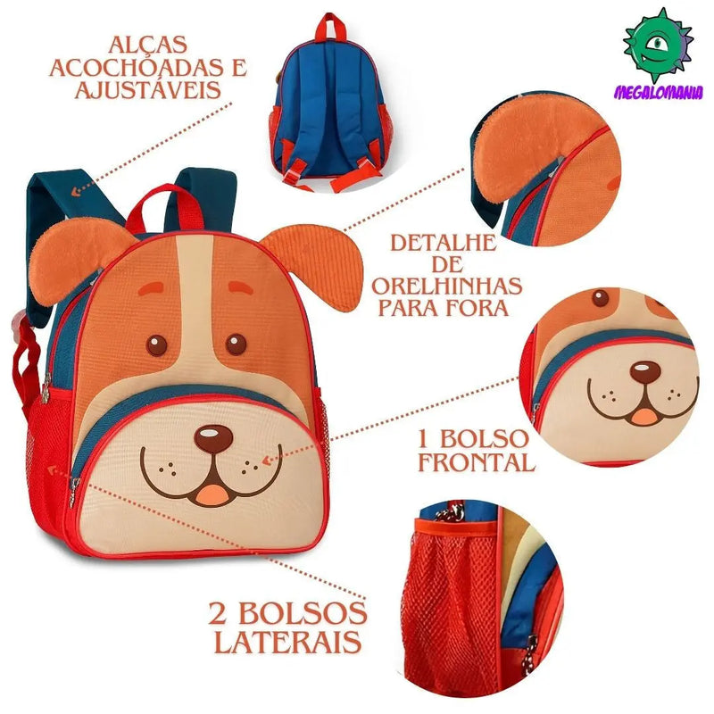 Mochila de Costas Bolsa Mala Infantil Menino Bebê Cachorrinho Dog Pets Clio Megalomania