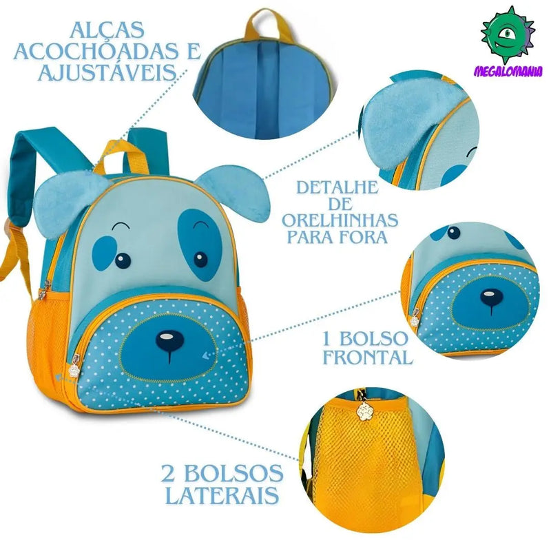 Mochila de Costas Bolsa Mala Infantil Menino Bebê Cachorrinho Dog Pets Clio Megalomania