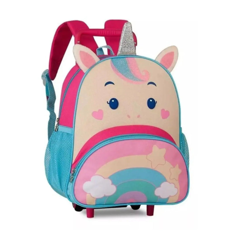 Mochila de Carrinho Mala Bolsa Unicórnio Rosa Roxo Lancheira Térmica Duas Alças Lanchinho Escolar Infantil Feminino Clio Megalomania