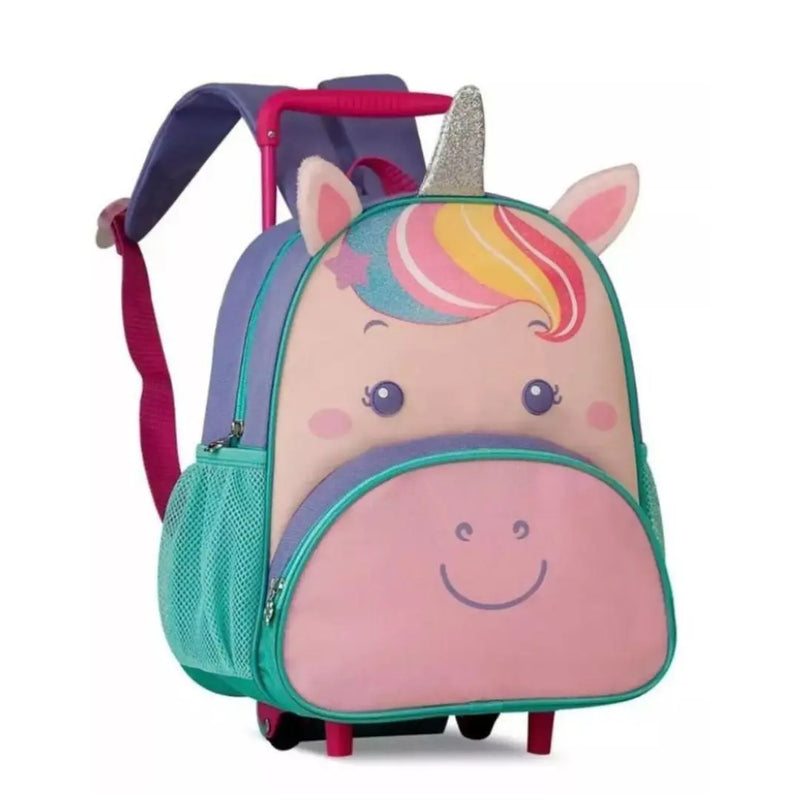 Mochila de Carrinho Mala Bolsa Unicórnio Rosa Roxo Lancheira Térmica Duas Alças Lanchinho Escolar Infantil Feminino Clio Megalomania