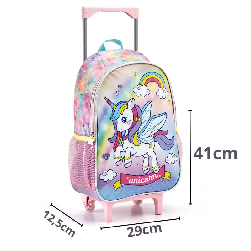 Mochila de Carrinho Unicórnio com Asas Infantil Escolar Meninas Fashion Seanite Megalomania