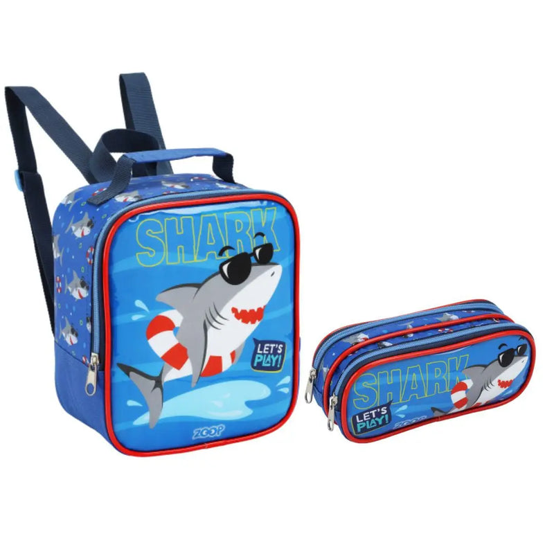 Kit Lancheira Infantil Térmica Tubarão Azul Estojo com Dois Compartimentos Masculino Crianças Seanite Megalomania