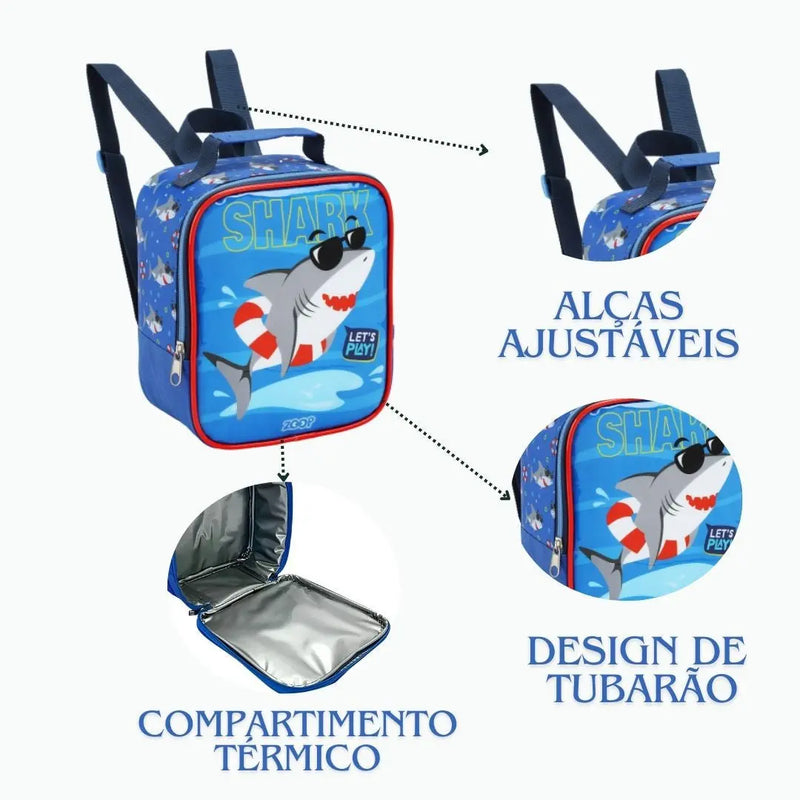 Kit Lancheira Infantil Térmica Tubarão Azul Estojo com Dois Compartimentos Masculino Crianças Seanite Megalomania