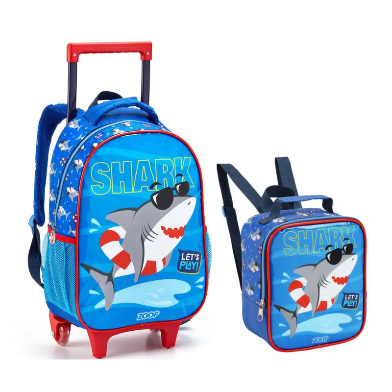 Kit Mochila de Carrinho Tubarão Azul MAla Bolsa Lancheira Térmica Masculino Meninos Crianças Seanite Megalomania