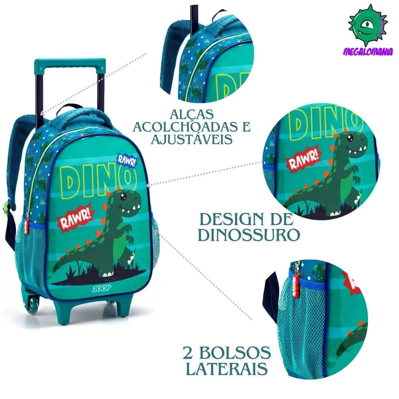 Kit Mochila de Carrinho Dinossauro Verde Mala Bolsa Lancheira Térmica Meninos Masculino Seanite Megalomania