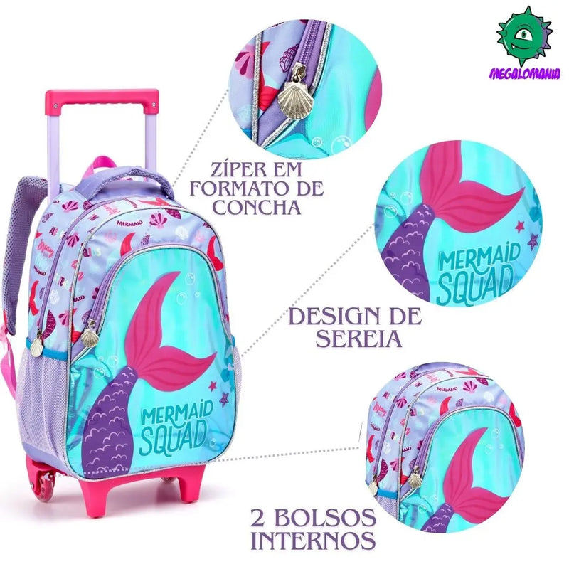Mochila de Carrinho Infantil Mala Bolsa Sereia Unicórnio Feminino Fashion Meninas Crianças Seanite Megalomania