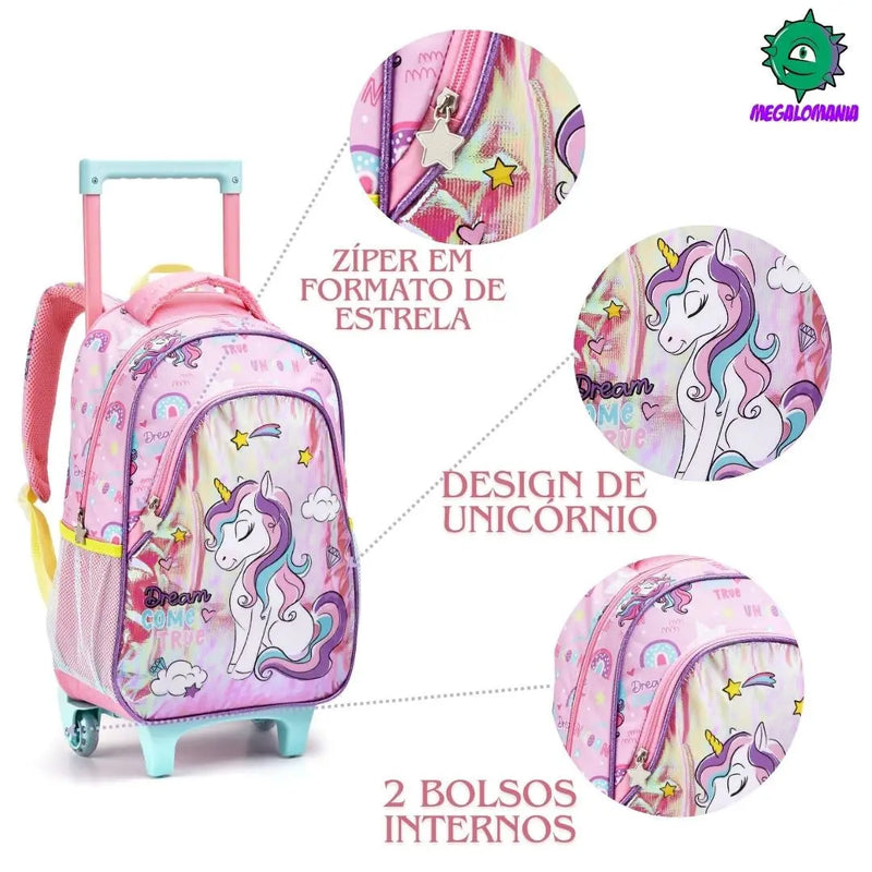 Kit Mochila de Carrinho Mala Bolsa Infantil Unicórnio Lancheira Térmica Feminino Meninas Seanite Megalomania