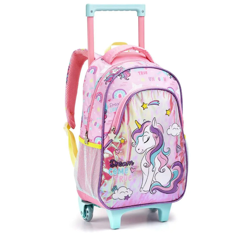 Kit Mochila de Carrinho Mala Bolsa Infantil Unicórnio Lancheira Térmica Estojo com Dois Compartimentos Feminino Seanite Megalomania