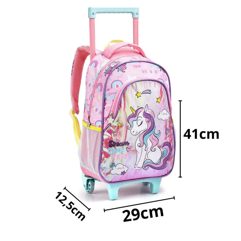 Kit Mochila de Carrinho Mala Bolsa Infantil Unicórnio Lancheira Térmica Estojo com Dois Compartimentos Feminino Seanite Megalomania