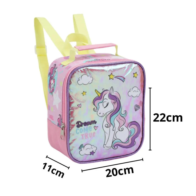 Kit Mochila de Carrinho Mala Bolsa Infantil Unicórnio Lancheira Térmica Feminino Meninas Seanite Megalomania