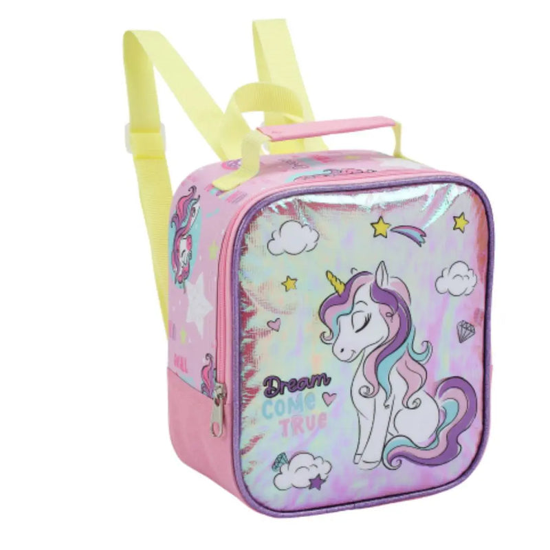 Kit Mochila de Carrinho Mala Bolsa Infantil Unicórnio Lancheira Térmica Estojo com Dois Compartimentos Feminino Seanite Megalomania