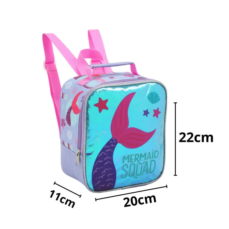 Kit Lancheira Infantil Térmica Sereia Estojo com Dois Compartimentos Feminino Meninas Seanite Megalomania