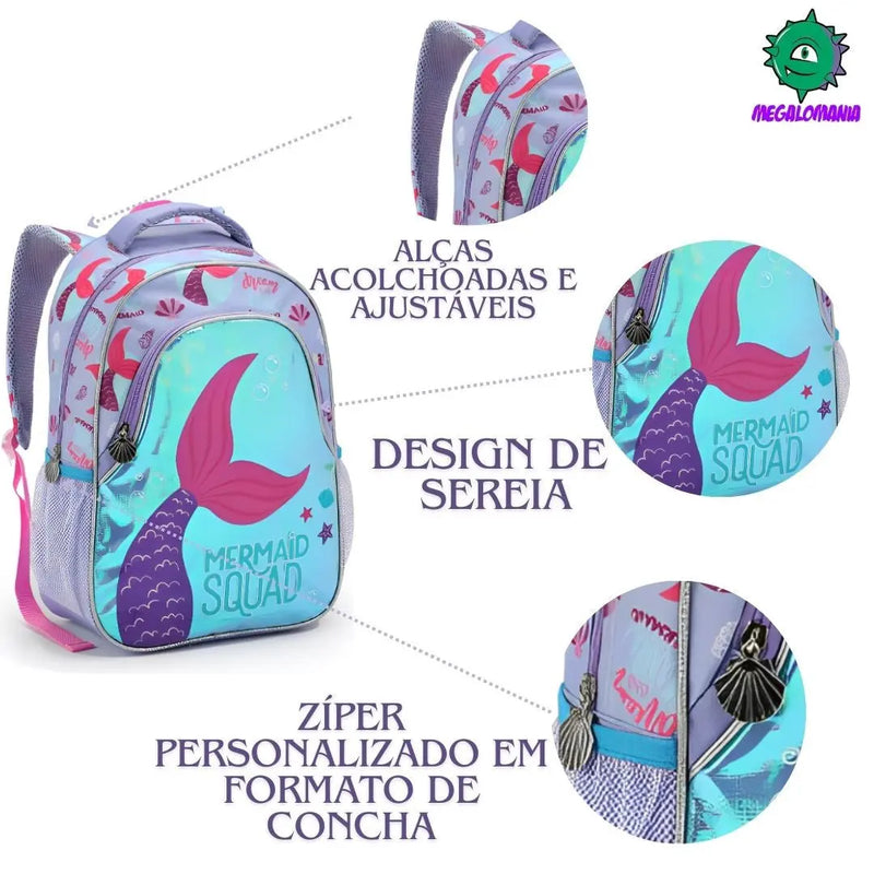 Mochila de Costas Infantil Unicórnio Sereia Lilás Rosa Mala Bolsa Escolar Feminino Meninas Seanite Megalomania
