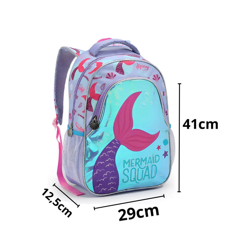 Mochila de Costas Infantil Unicórnio Sereia Lilás Rosa Mala Bolsa Escolar Feminino Meninas Seanite Megalomania