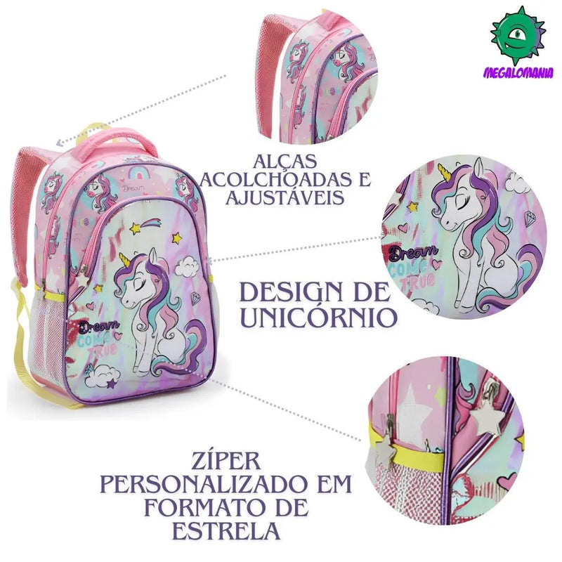 Mochila de Costas Infantil Unicórnio Sereia Lilás Rosa Mala Bolsa Escolar Feminino Meninas Seanite Megalomania