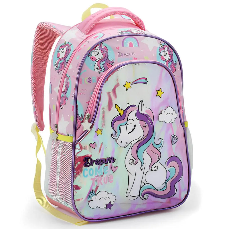 Mochila de Costas Infantil Unicórnio Sereia Lilás Rosa Mala Bolsa Escolar Feminino Meninas Seanite Megalomania