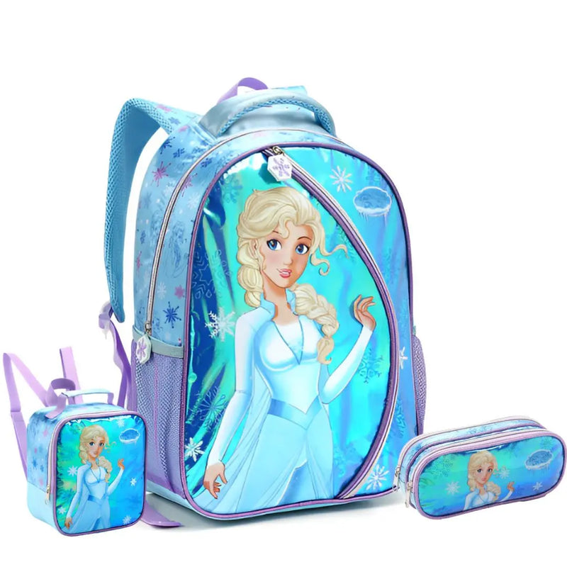 Kit Mochila de Costas Infantil Princesa do Gelo Frozen Mala Bolsa Lancheira Térmica Estojo com Dois Compartimentos Escolar Seanite Megalomania