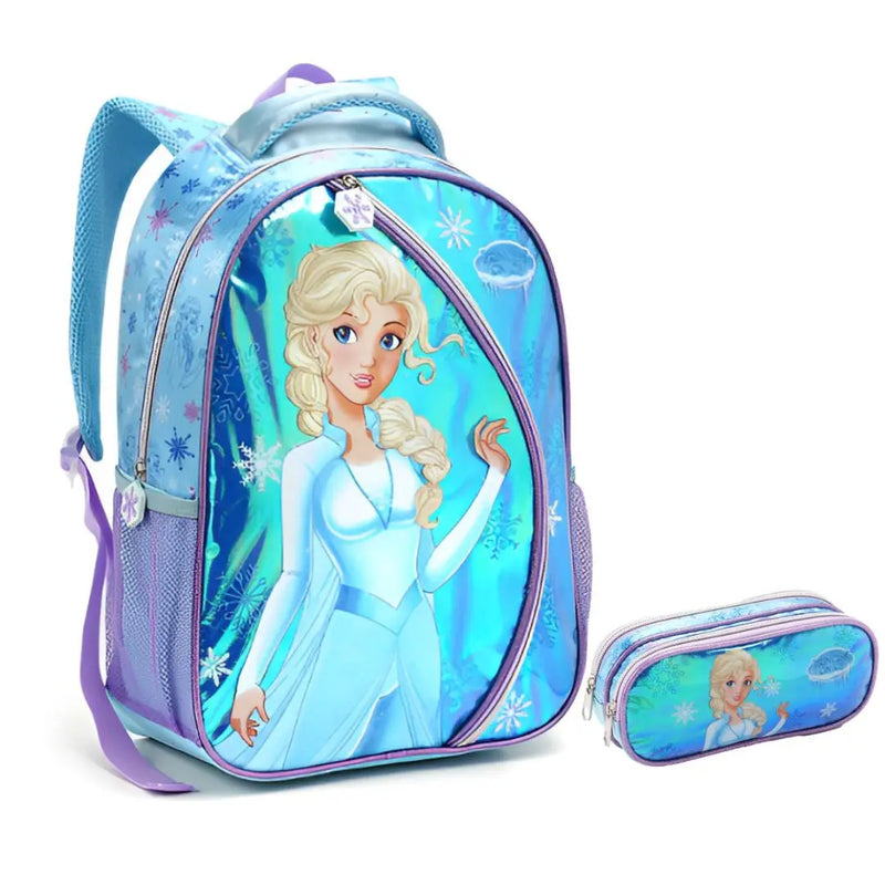 Kit Mochila de Costas Infantil Princesa do Gelo Frozen Mala Bolsa Estojo com Dois Compartimentos Escolar Seanite Megalomania