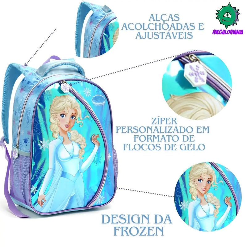 Kit Mochila de Costas Infantil Princesa do Gelo Frozen Mala Bolsa Lancheira Térmica Escolar Feminino Seanite Megalomania