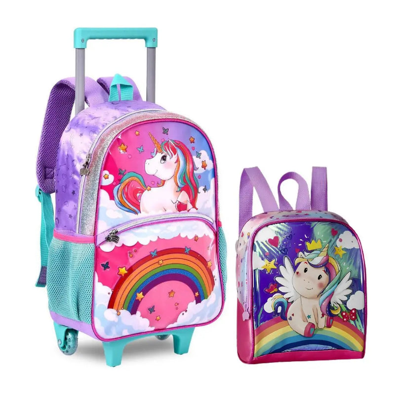 Kit Mochila de Carrinho Unicórnio Bolsa Lancheira Térmica Escolar Feminino Seanite Megalomania