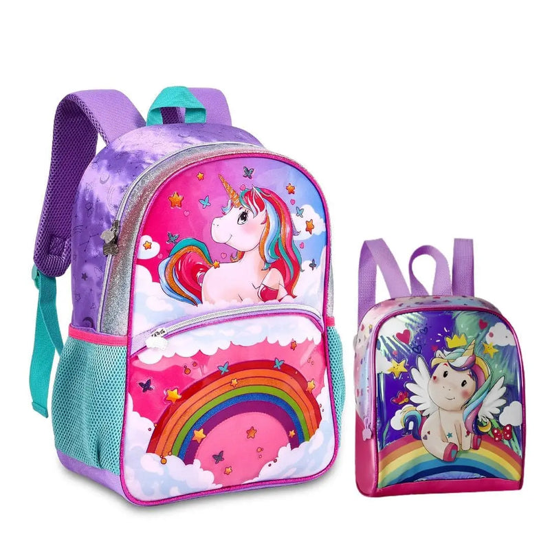 Kit Mochila de Costas de Unicórnio Mala Bolsa Lancheira Térmica Duas Alças Rosa Feminino Infantil Escolar Clio Megalomania