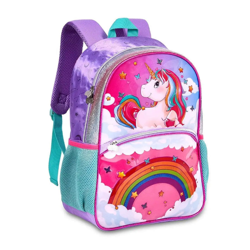 Kit Mochila de Costas de Unicórnio Mala Bolsa Lancheira Térmica Duas Alças Rosa Feminino Infantil Escolar Clio Megalomania