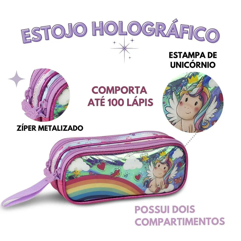 Estojo Duplo de Unicórnio Holográfico Escolar Infantil Material Menina Rosa - Clio Megalomania