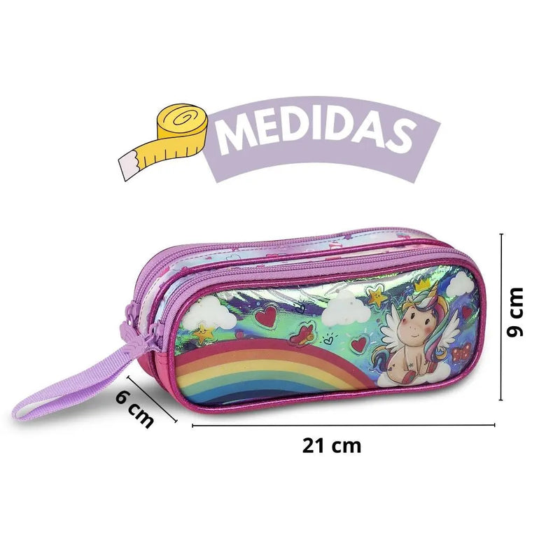 Estojo Duplo de Unicórnio Holográfico Escolar Infantil Material Menina Rosa - Clio Megalomania