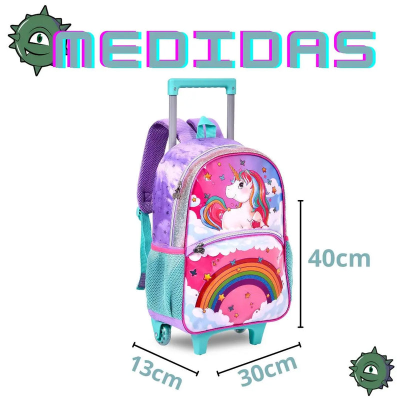 Mochila de Carrinho Mala Bolsa Unicórnio Feminino Infantil Escolar Clio Megalomania