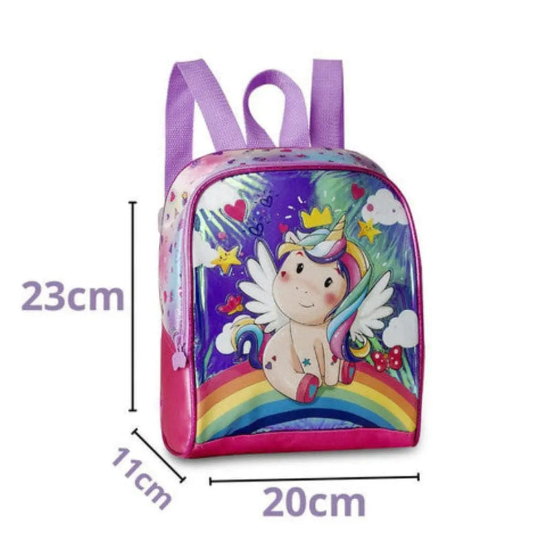 Kit Mochila de Costas de Unicórnio Mala Bolsa Lancheira Térmica Duas Alças Rosa Feminino Infantil Escolar Clio Megalomania