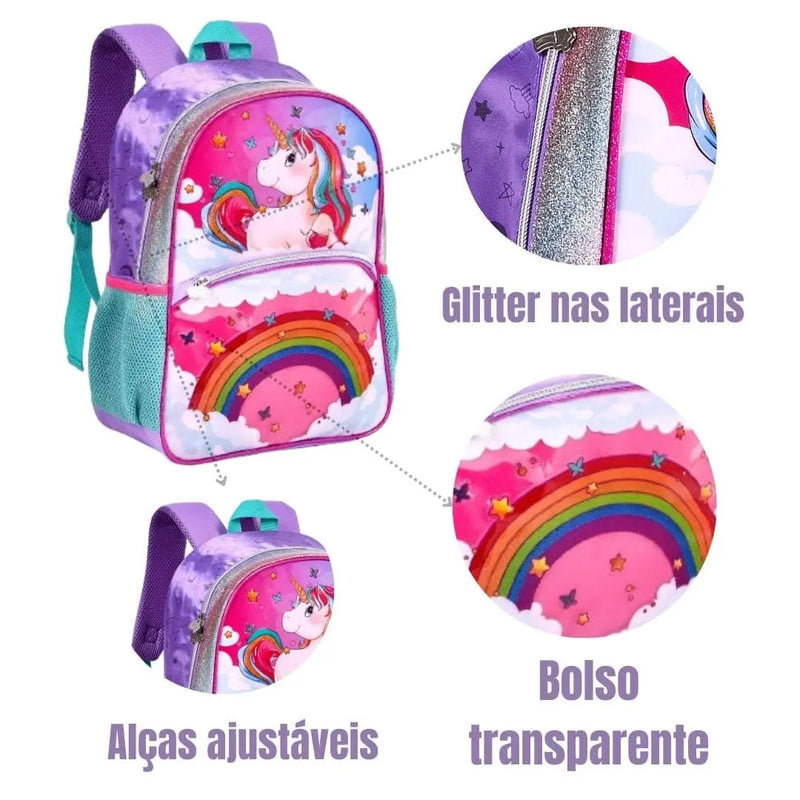 Kit Mochila de Costas de Unicórnio Mala Bolsa Lancheira Térmica Duas Alças Rosa Feminino Infantil Escolar Clio Megalomania