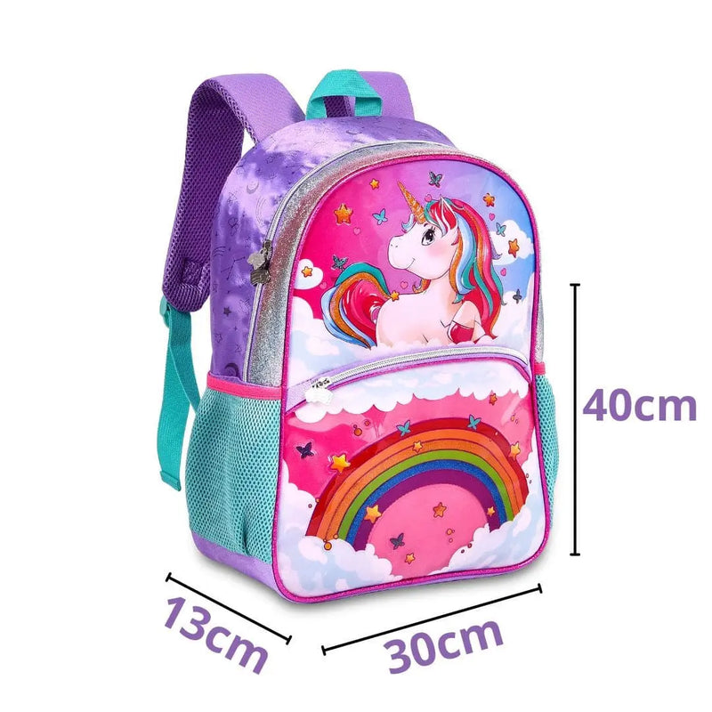 Kit Mochila de Costas de Unicórnio Mala Bolsa Lancheira Térmica Duas Alças Rosa Feminino Infantil Escolar Clio Megalomania