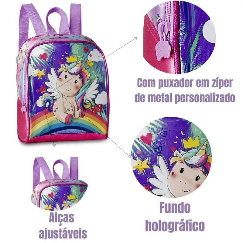 Kit Mochila de Costas de Unicórnio Mala Bolsa Lancheira Térmica Duas Alças Rosa Feminino Infantil Escolar Clio Megalomania
