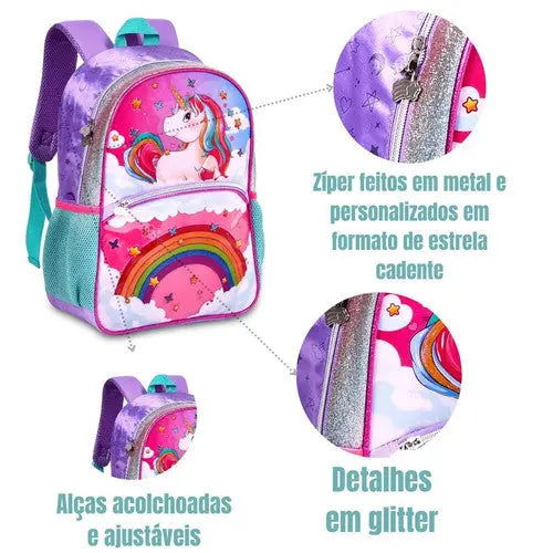 Mochila de Costas Mala Bolsa Unicórnio Feminino Escolar Infantil Clio Megalomania