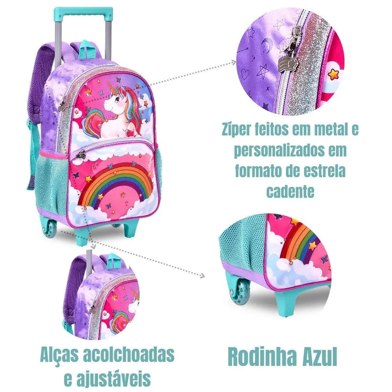 Mochila de Carrinho Mala Bolsa Unicórnio Feminino Infantil Escolar Clio Megalomania