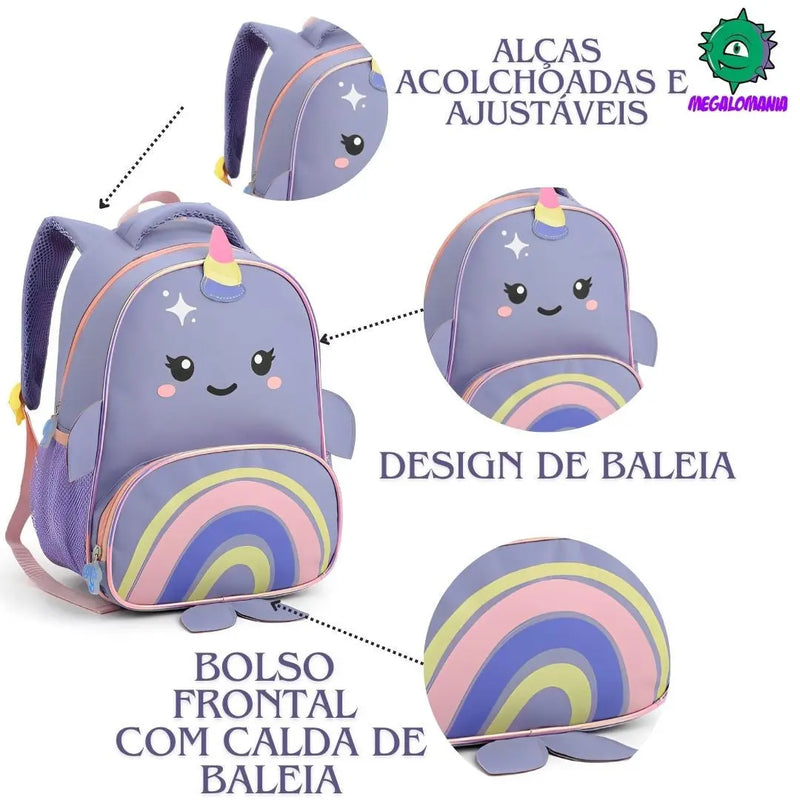 Kit Mochila de Costas Baleia Infantil Lancheira Térmica Bolsa Escolar Seanite Megalomania