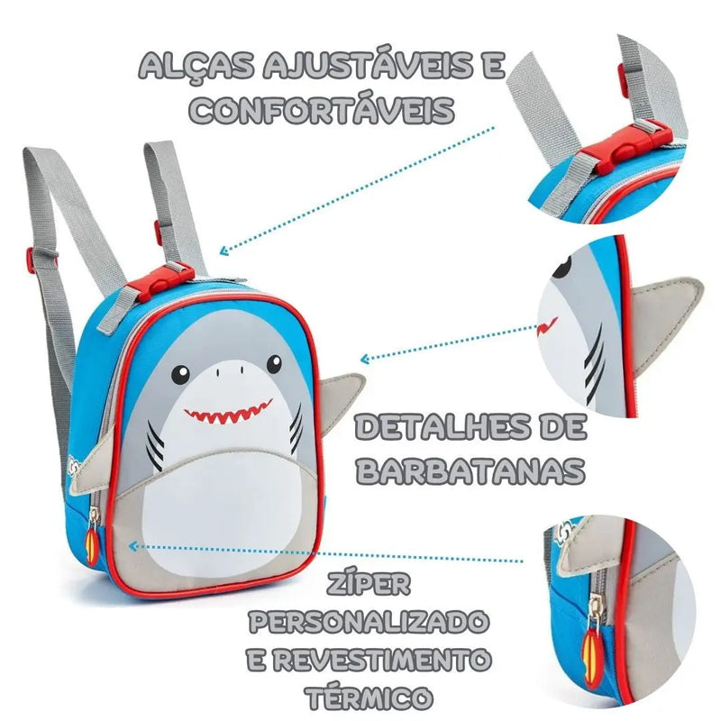 Kit Mochila de Costas Tubarão Infantil Lancheira Térmica Escolar Masculino Meninos Seanite Megalomania