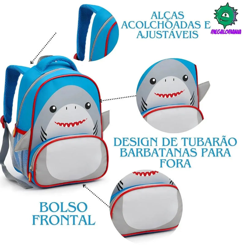 Kit Mochila de Costas Tubarão Infantil Lancheira Térmica Escolar Masculino Meninos Seanite Megalomania