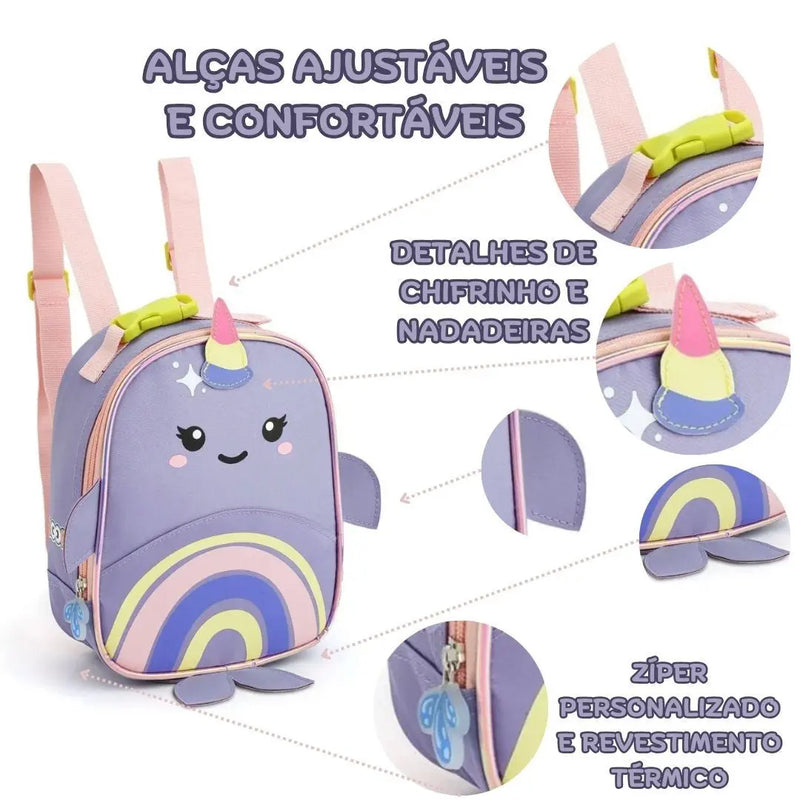 Kit Mochila de Costas Baleia Infantil Lancheira Térmica Bolsa Escolar Seanite Megalomania