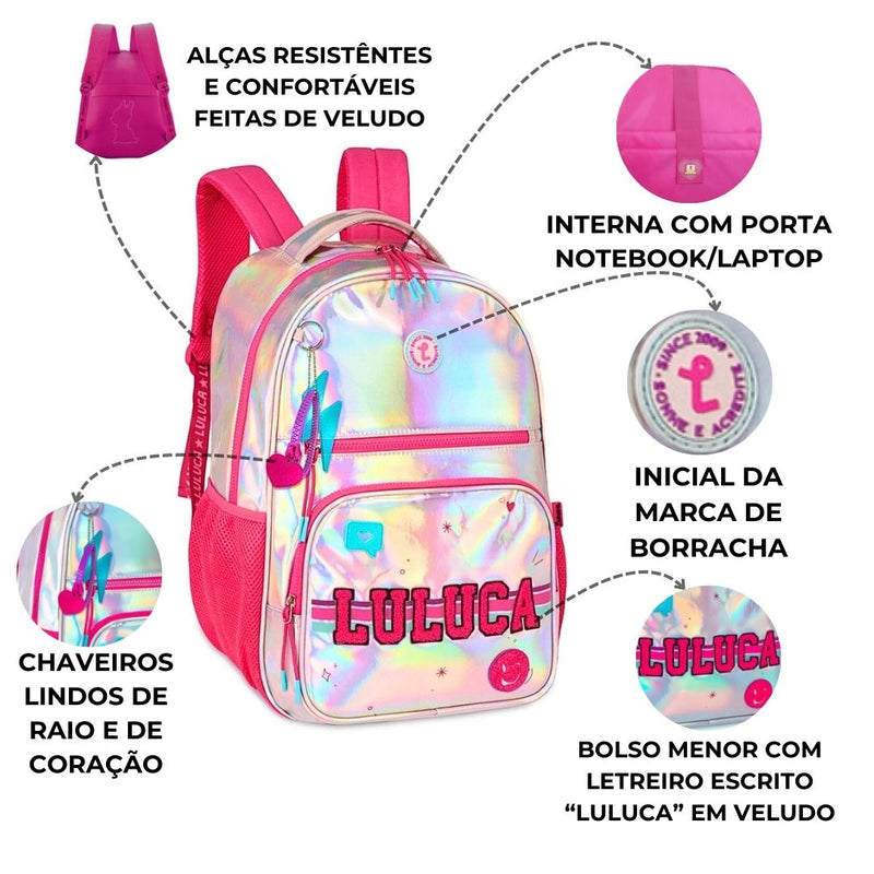 Kit Mochila de Costas Holografico Luluca Estojo Box 100 pens Youtuber Feminina Escolar Notebook