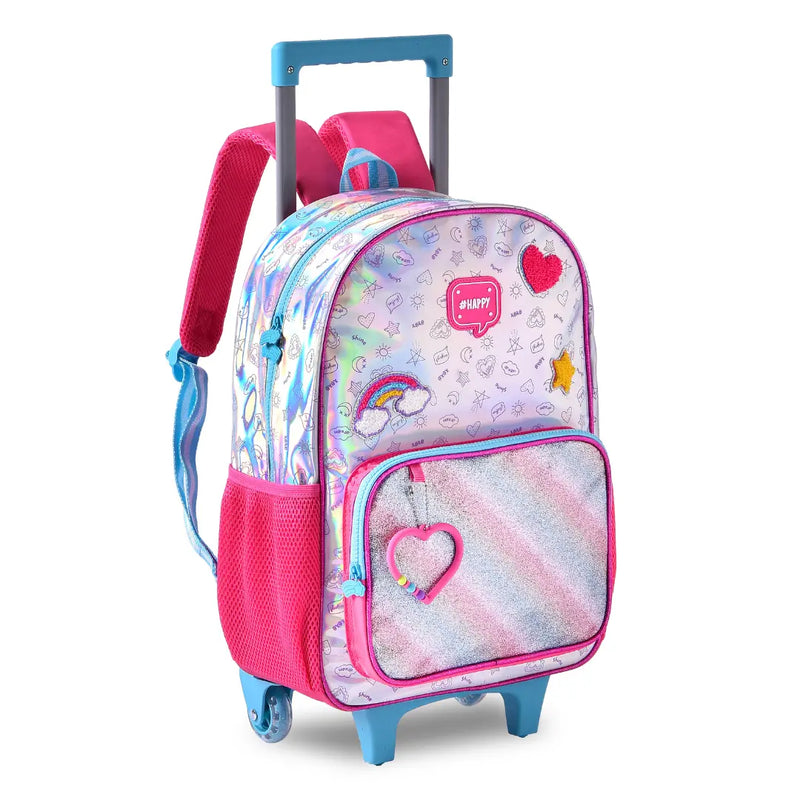 Kit Mochila Carrinho Holográfica Lancheira Térmica Juvenil Lanche Feminina Rosa Meninas Clio Megalomania